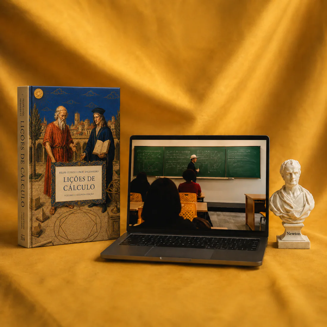 O que chega: o Lições de Cálculo em capa dura, uma aula do curso aberta no notebook e a estatueta do Newton