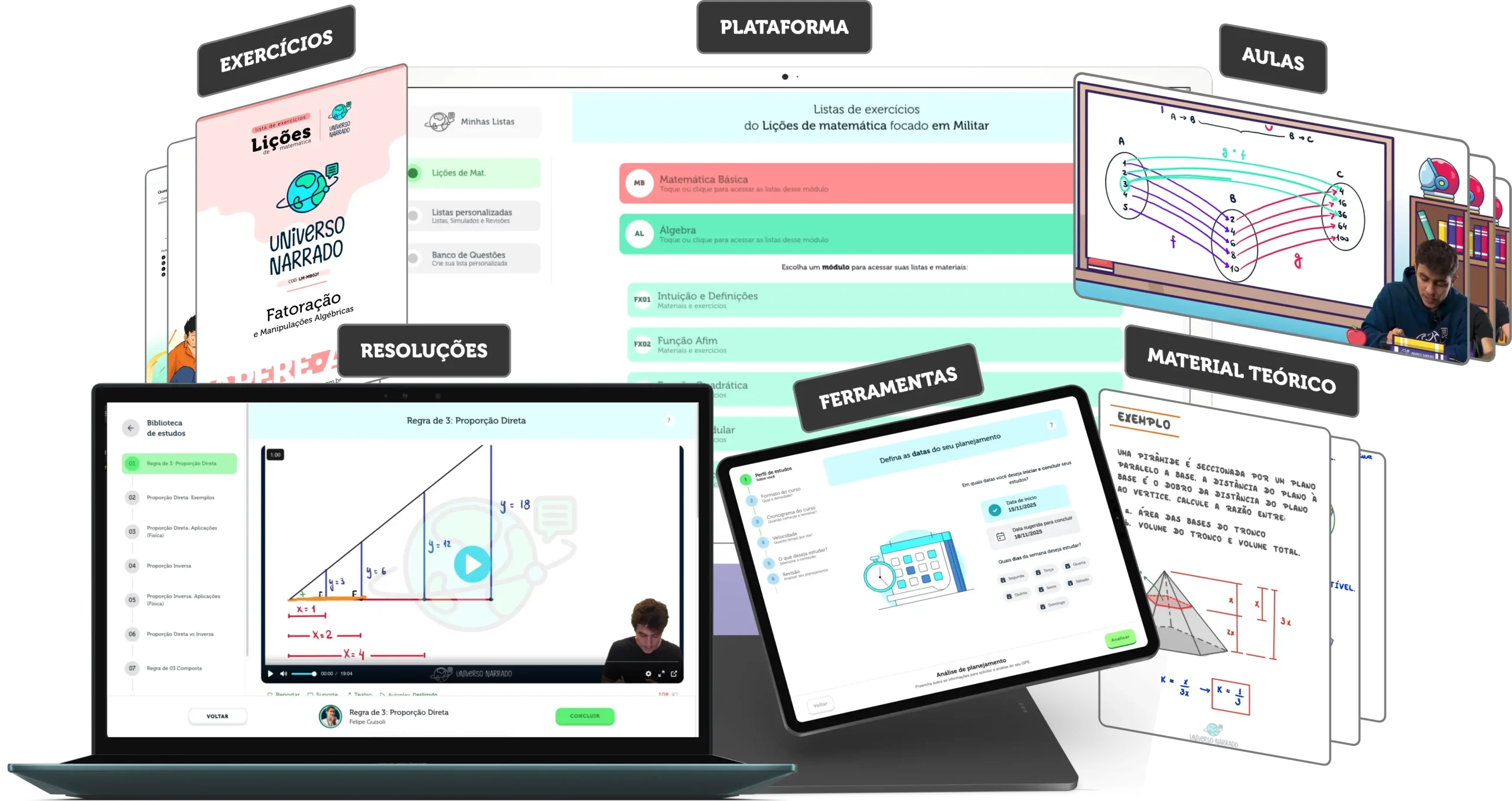 Plataforma Universo Narrado exibida em monitor, tablet e celular